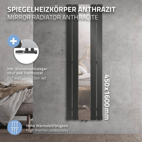 ML-Design Badheizkörper Flach Mittelanschluss 1600x450mm Anthrazit mit Spiegel und Wandanschlussgarnitur Eckform Multiblock Thermostat Design Paneelheizkörper Vertikal Spiegelheizkörper Glasheizkörper