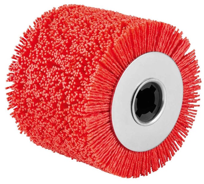 Rote Nylon-Schleifbürste für Satiniermaschinen zum Strukturieren und Reinigen von Oberflächen.