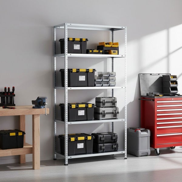 Aufgeräumte Werkstatt mit einem Metallregal voller Lagerboxen, einer Werkbank aus Holz mit Schraubstock und einem roten Werkstattwagen.