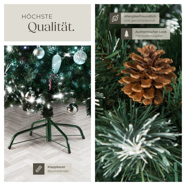 Künstlicher Weihnachtsbaum mit Klappständer, Kiefernzapfen und Dekoration, allergikerfreundlich und geruchsneutral.