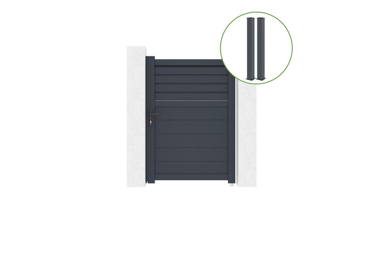 Einflügeliges Gartentor aus Aluminium in Anthrazit mit horizontalen Lamellen, inklusive zwei passender Pfosten und einer Drückergarnitur.