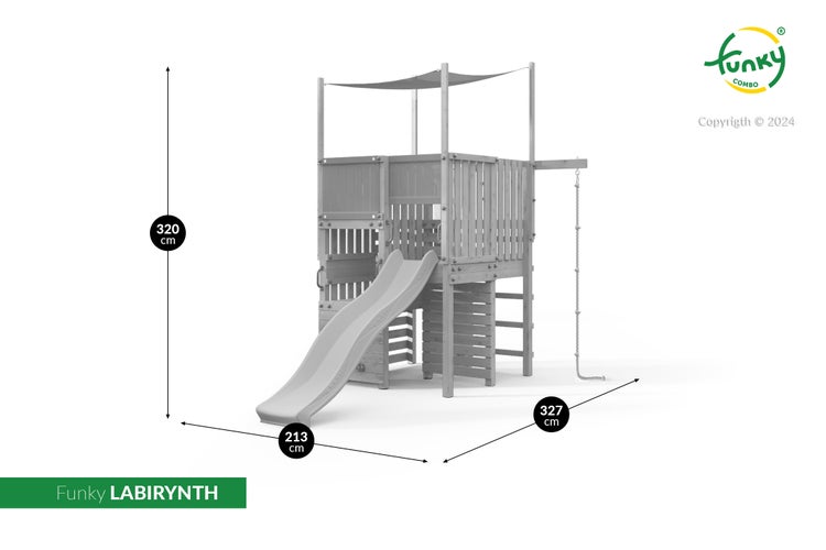 Spielturm Funky LABIRYNTH aus Holz mit Rutsche, Strickleiter und Sonnensegel. Maße 320 x 327 x 213 Zentimeter. Funky COMBO Logo.