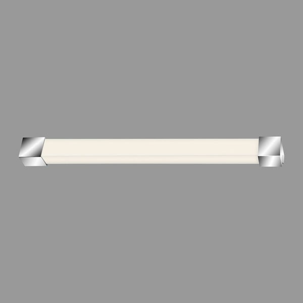 Schlanke LED-Badezimmerleuchte, Wandlampe mit verchromten Seitenteilen und weißem Kunststoffschirm.