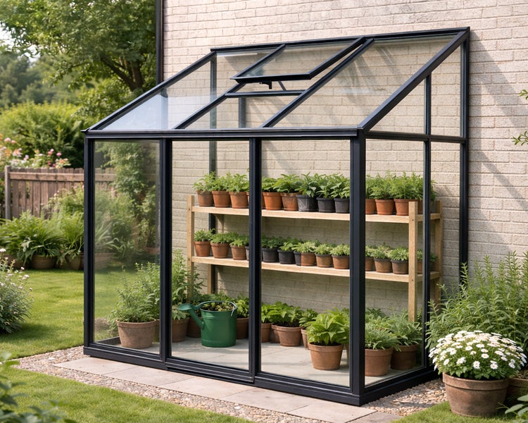 Schwarzes Anlehn-Gewächshaus aus Glas und Metall an einer Hauswand, gefüllt mit Pflanzen auf Holzregalen in einem Garten.