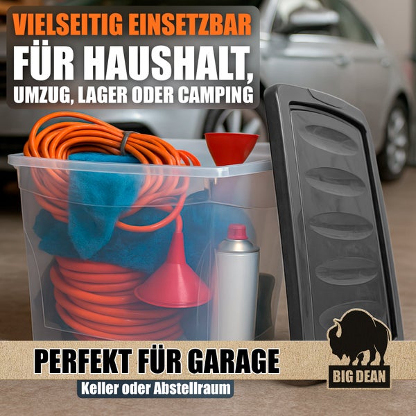 Transparente Kunststoff Aufbewahrungsbox mit Deckel gefüllt mit Haushaltsgegenständen und BIG DEAN Logo