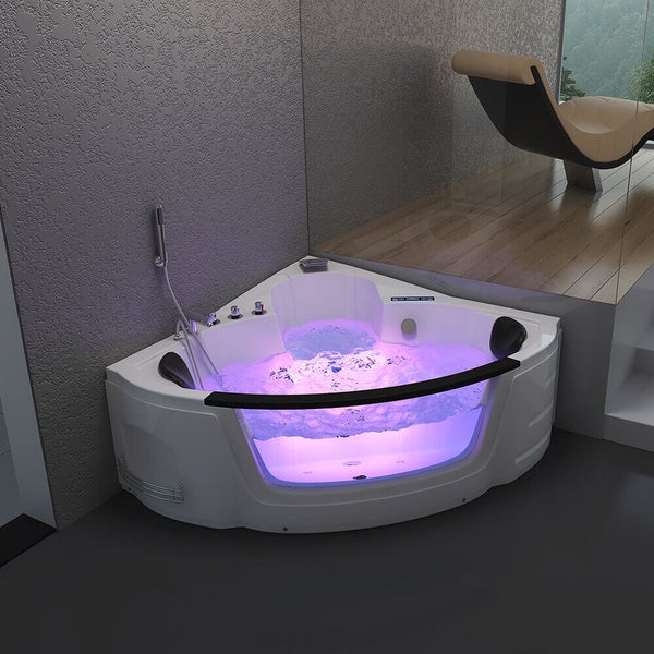 Eckwhirlpool mit integrierter LED Beleuchtung und Sichtfenster in einem modernen Badezimmerambiente.