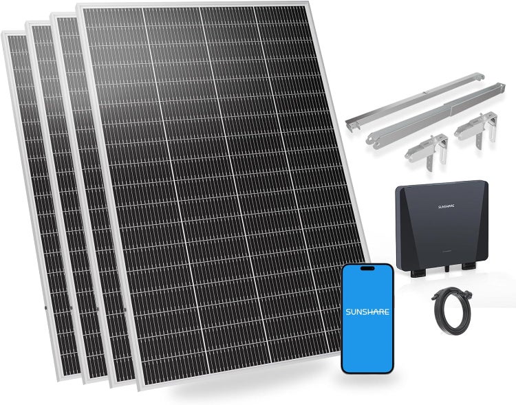 Photovoltaikanlage mit Solarmodulen, Wechselrichter, Montagezubehör und App-Steuerung.
