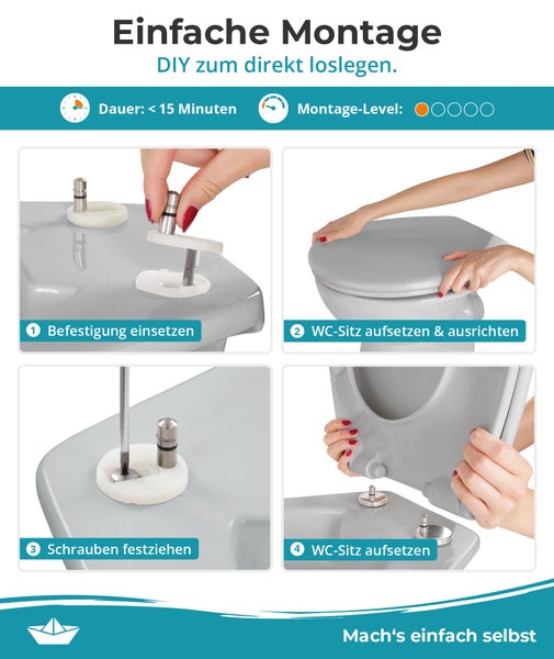 Calmwaters® WC Sitz Original einfache Montage, Premium Toilettendeckel bis 250 kg, Made in EU, aus antibakteriellem Duroplast, Absenkautomatik, 2 Montage Optionen, abnehmbar, Klobrille, oval, Manhattan-Grau