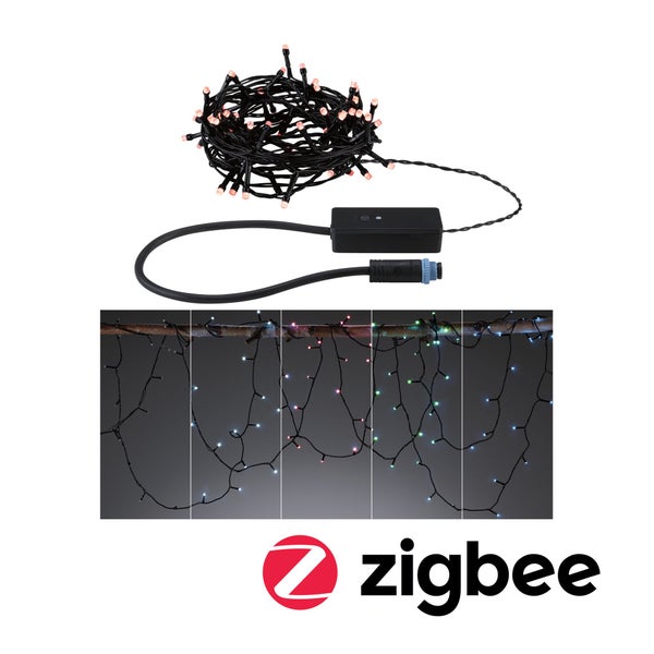 Lichterkette mit farbigen Lichtern und Zigbee Logo