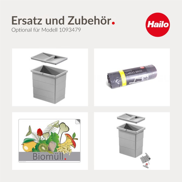 Hailo Logo. Ersatzteile und Zubehör für Abfallsammler: Inneneimer mit Deckel, Müllbeutel und Biomüll-Aufkleber.