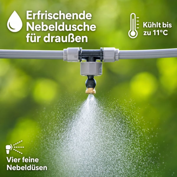 Nebelkühlsystem für den Außenbereich mit vier feinen Nebeldüsen zur Kühlung um bis zu 11 Grad Celsius.