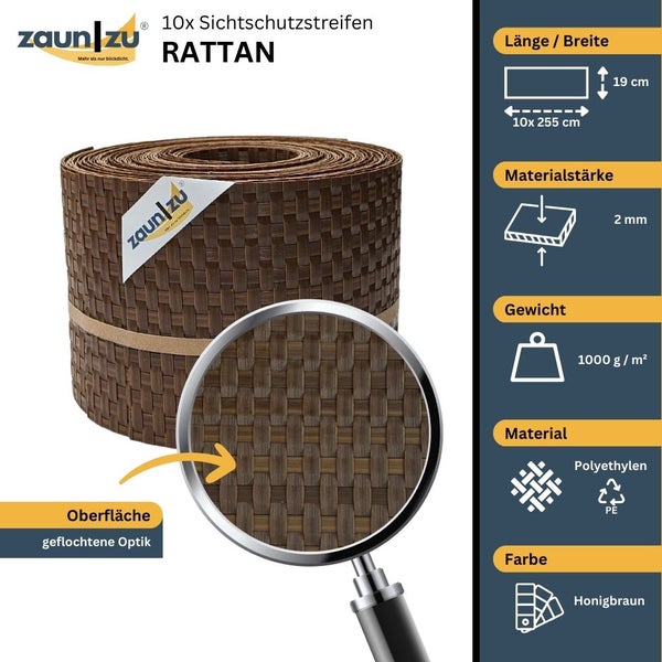 Zehn Sichtschutzstreifen Rattan, Abmessungen 19 x 255 Zentimeter, Materialstärke zwei Millimeter, Gewicht 1000 Gramm pro Quadratmeter, Material Polyethylen, Farbe Honigbraun