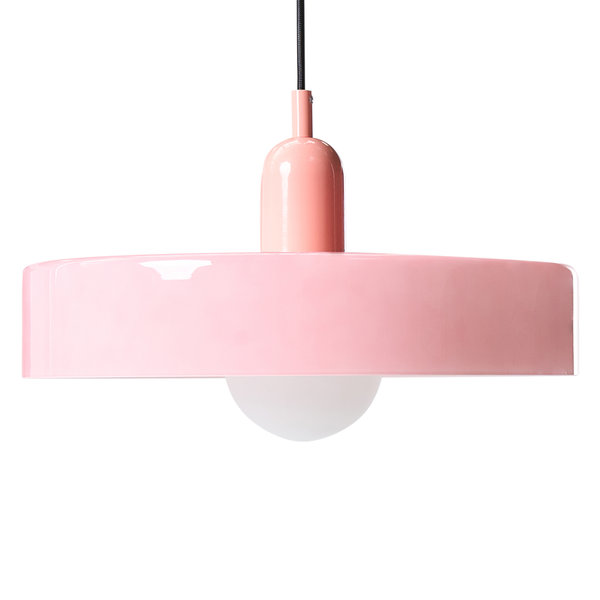 Rosa Pendelleuchte mit flachem, zylindrischem Schirm und mattweißer Glühbirne.