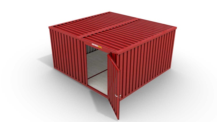 Lagercontainer Gerätehaus L2  – 16 qm, H2150 x B4050 x T4340 mm, Außenwandlackierung RAL 3000 feuerrot, Dach außen verzinkt, mit Holzfußboden, 1270 mm Einflügeltür mittig in Modul D, montiert