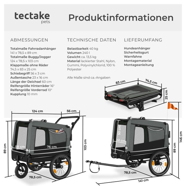 Produktinformationen und Abmessungen für tectake Hundeanhänger