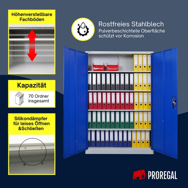 Proregal Aktenschrank aus pulverbeschichtetem Stahlblech mit höhenverstellbaren Böden, Platz für 70 Ordner und Silikondämpfern. Proregal Logo.