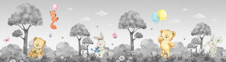 Illustration einer Waldszene mit Tieren, Bäumen und Blumen