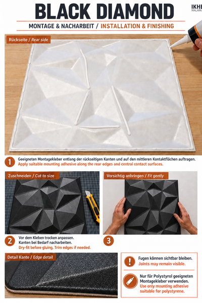 Montageanleitung für Black Diamond Wandpaneele mit Informationen zum Kleben, Zuschneiden, Anbringen und zu Hinweisen für Polystyrol Kleber.