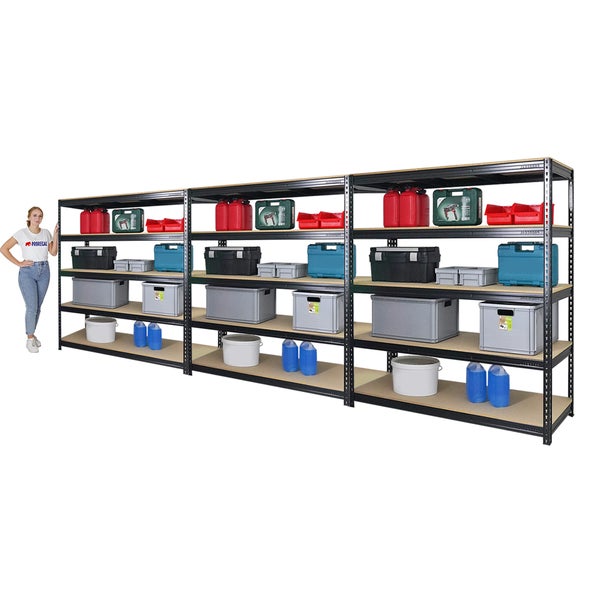 PROREGAL Mega Deal 3x Profi Schwerlastregal Bison HxBxT 200 x 180 x 60 cm 5 Fachböden Fachlast 600 kg Schwarz