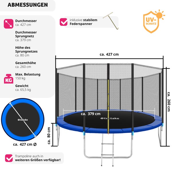 Trampolin tectake Garfunky Ø 427 cm,  GS zertifiziert inklusive Einstiegsleiter