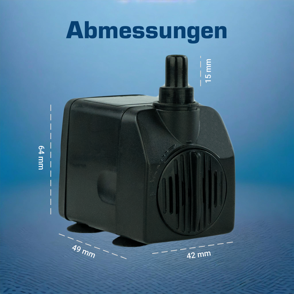 Schwarze Pumpe mit Abmessungen: Höhe 64 Millimeter, Länge 49 Millimeter, Breite 42 Millimeter und Düsenhöhe 15 Millimeter.