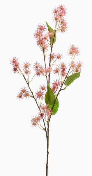 Künstlicher Dekozweig mit stacheligen, sternförmigen Samenkapseln in Rosa.