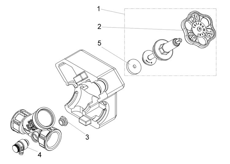 Explosionszeichnung einer Wasserarmatur mit nummerierten Ersatzteilen wie Handrad, Dichtung und Entleerventil.