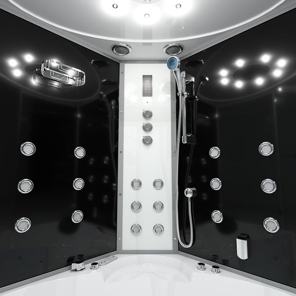 Moderne, helle Duschkabine mit zahlreichen Massagedüsen, einer Handbrause, verchromten Armaturen und integrierter Beleuchtung.