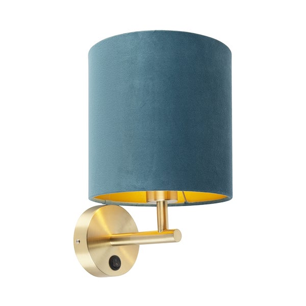 Enge Wandlampe Gold mit blauem Samtschirm - Matt