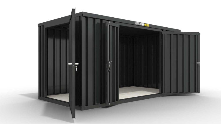 Lagercontainer Gerätehaus L  – 8 qm, H2150 x B4050 x T2170 mm, Außenwandlackierung anthrazit, Dach außen verzinkt, mit Holzfußboden, 1830 mm Doppelflügeltür mittig in Breitseite und 1270 mm Einflügeltür mittig in Stirnseite, montiert