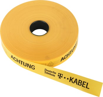 Trassenwarnband für Erdkabel auf Rolle mit Deutsche Telekom Logo und Aufdruck Achtung Kabel.