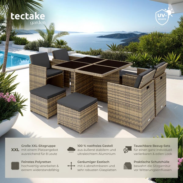 Rattan Sitzgruppe tectake Manhattan 2 Bezugssets, zusammenschiebbar, inklusive Schutzhülle mit Aluminiumgestell natur