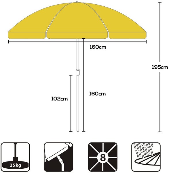 RESCH Sonnenschirm für Strand Gelb, Ø 200 cm, Gartenschirm, UV-Schutz bis UPF 50+, knickbar, Sonnenschutz Balkon, tragbar, Schirmrippen aus Glasfaser