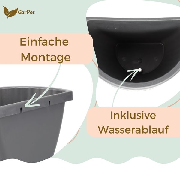 GarPet Logo. Detailansicht einer Pflanzschale mit einfacher Montage und inklusivem Wasserablauf.