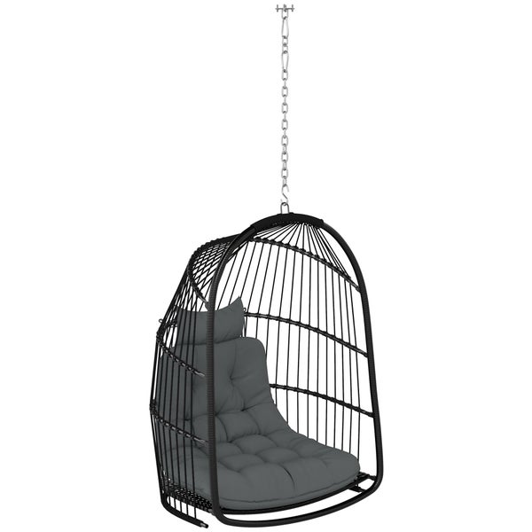 Outsunny Hängesessel Hängekorb mit Kissen Polyrattan Schaukel Outdoor Indoor faltbar Hängestuhl belastbar bis 150kg Hängeschaukel Korbhängesessel für Wohnzimmer Balkon Terrasse Dunkelgrau