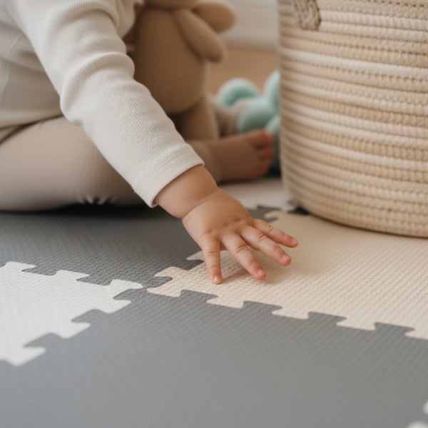 Ein Baby spielt auf einer weichen Puzzlematte aus Schaumstoff mit ineinandergreifenden Teilen in einem hellen Kinderzimmer.