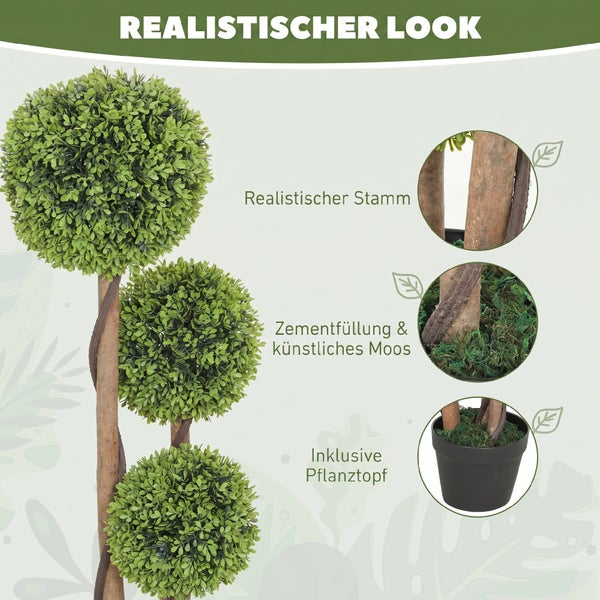 Künstlicher Buchsbaum mit drei Kugeln, realistischem Stamm, Zementfüllung und Pflanztopf als Dekoration.