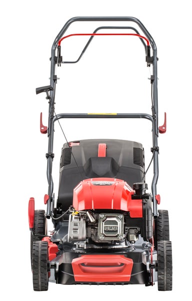 Benzin-Rasenmäher mit OHV-Motor, verstellbarem Führungsholm und profilierten Rädern.