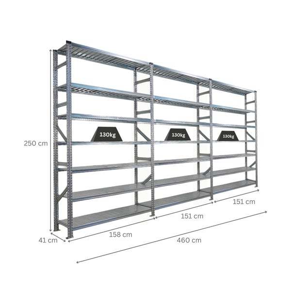 Abbildung eines Metallregals mit den Maßen 250 cm Höhe, 460 cm Länge und 41 cm Tiefe, wobei die Regalböden jeweils 130 kg tragen können.
