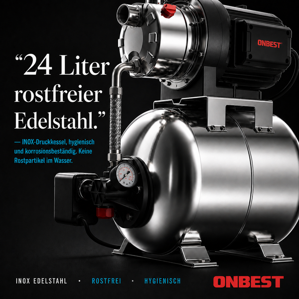 Hauswasserwerk mit 24 Liter Druckkessel aus rostfreiem Edelstahl von ONBEST.