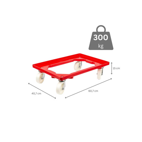 PROREGAL SparSet 2x Transportroller für Euroboxen 60 x 40 cm mit Kunststoffräder Rot Offenes Deck 2 Lenkrollen und 2 Bremsrollen Traglast 300 kg