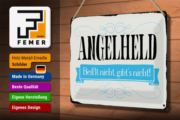 Blechschild Spruch 30x20cm Angelheld beißt nicht angeln