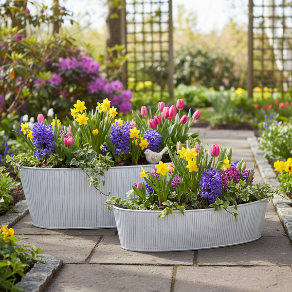 Zwei ovale Pflanzkübel aus geriffeltem Metall mit Frühlingsblumen wie Narzissen, Hyazinthen und Tulpen auf einem Gartenweg aus Stein.
