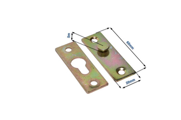 Spiegelhalterung Set bestehend aus zwei Metallplatten mit Schlüsselloch und Bolzen in den Maßen 60 Millimeter mal 20 Millimeter