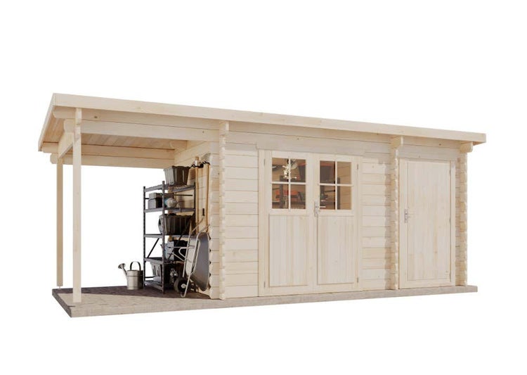 Alpholz Gartenhaus Korfu mit Anbau und Schleppdach Gartenhaus aus Holz, Holzhaus mit 28 mm Wandstärke inklusive Schleppdach, Blockbohlenhaus mit Montagematerial, Naturbelassen 5,6x2,3m