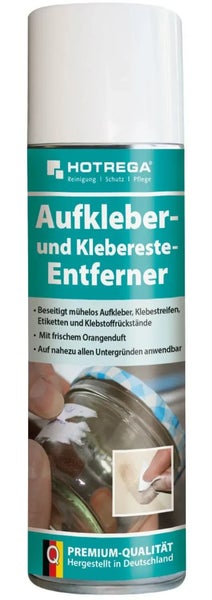 Hotrega Aufkleber und Klebereste Entferner Spray zum Beseitigen von Klebstoffrückständen auf verschiedenen Oberflächen.