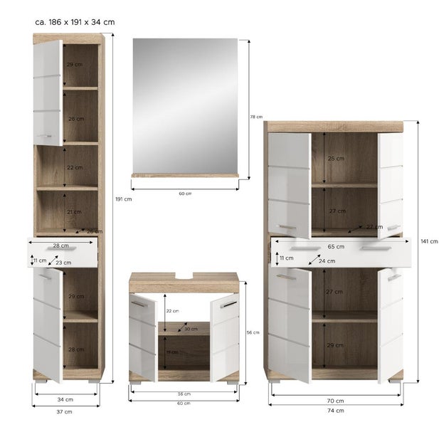 Badmöbel-Set in Holzoptik mit weißen Fronten und Maßangaben für Hochschrank, Spiegel, Waschbeckenunterschrank und Midischrank. Breite circa 186 cm.