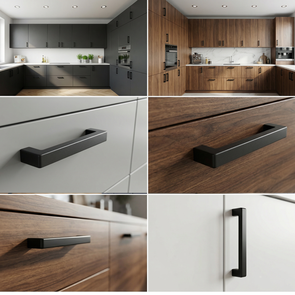 Collage von Küchen in verschiedenen Designs mit schwarzen Griffen an den Schränken und Schubladen