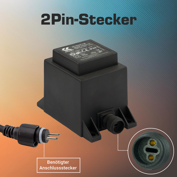 Schwarzer Transformator mit 2-Pin-Steckverbindung und passendem 2-Pin-Anschlussstecker.