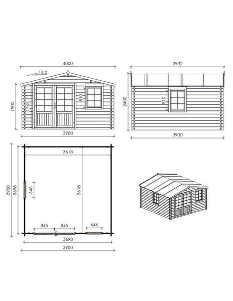 Technische Zeichnung mit Maßen für ein Blockbohlenhaus aus Holz mit Doppeltür und Fenster.